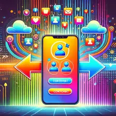 Kolorowy smartfon z ikonami kontaktów i chmurami, sugerujący, jak przywrócić kontakty w telefonie. Strzałki wskazują na proces odzyskiwania.