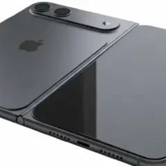 Koncepcja składanego iPhone'a z podwójnym aparatem i logo Apple.