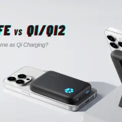 Czy iPhone 13 ma ładowanie indukcyjne? Dwa iPhone'y z akcesoriami do ładowania bezprzewodowego, porównanie MagSafe i Qi.