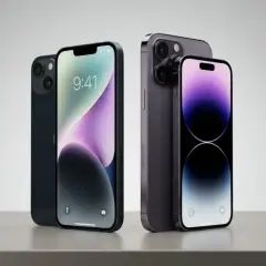 Dwa modele iPhone 14, jeden ciemny, drugi fioletowy, prezentują swoje wymiary i design.