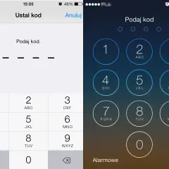 Dwa ekrany blokady iPhone'a: jeden z polami do wpisania kodu, drugi z klawiaturą numeryczną.
