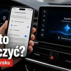 Ręka trzyma telefon z włączonym lusterkiem w telefonie, pokazującym ustawienia asystenta Gemini. Obok ekran samochodu z tym samym asystentem.