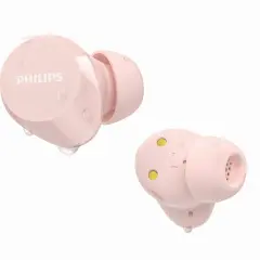 Różowe słuchawki Philips z oznaczeniem IPX4, odporne na zachlapanie, z widocznymi kroplami wody.