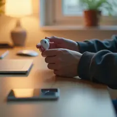 Dłonie trzymają białą słuchawkę AirPods, przygotowując się do resetu. Na biurku leży telefon i laptop.