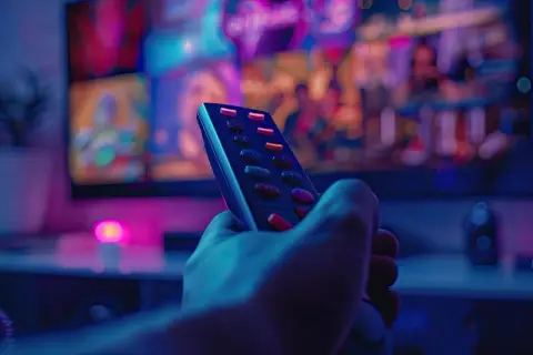 Dłoń trzymająca pilot, gotowa do działania. Dowiedz się, jak wyszukać kanały w telewizorze, by odkryć nowe treści.