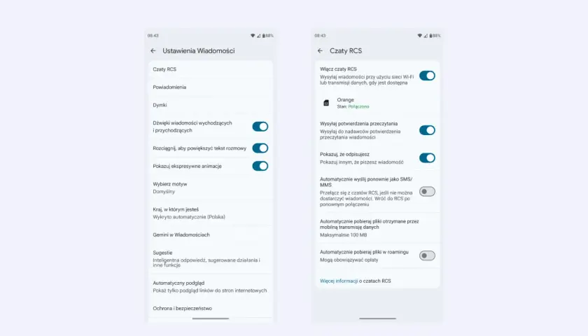 Ekran telefonu pokazuje ustawienia czatów RCS. Aby wyłączyć czat RCS, przejdź do "Ustawienia Wiadomości", a następnie "Czaty RCS" i wyłącz opcję "Włącz czaty RCS".
