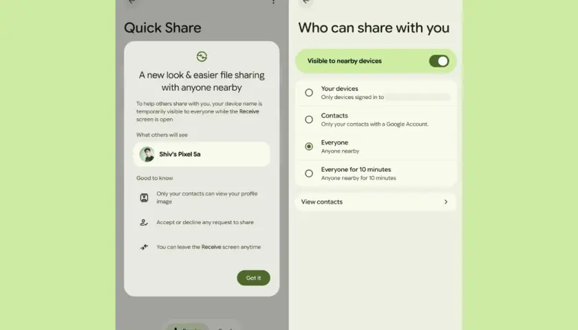 Ekran "Quick Share" z opcjami udostępniania plików. Umożliwia szybkie udostępnianie danych między urządzeniami.