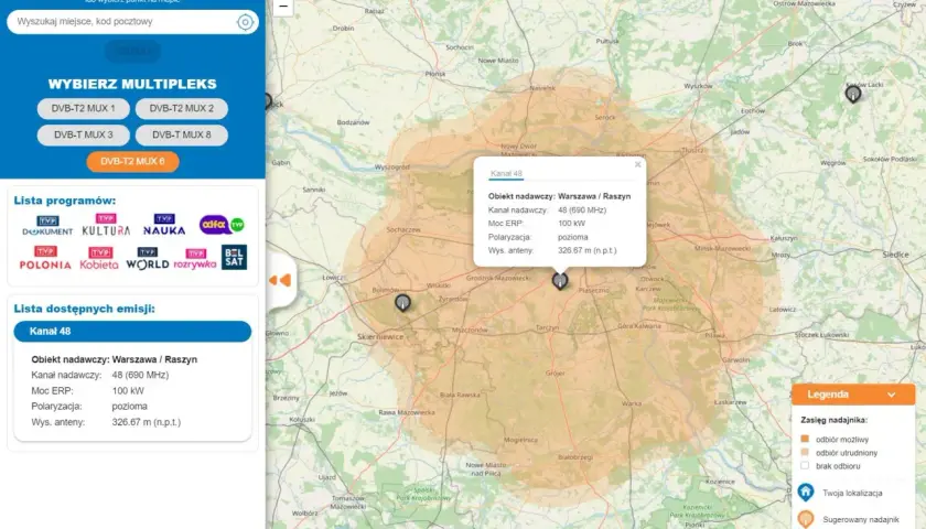 Mapa zasięgu nadajnika DVB-T w Warszawie/Raszynie, kanał 48 (690 MHz), moc 100 kW.