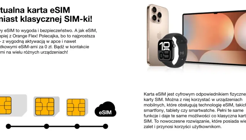 Złota karta eSIM na tle iPhone'a, Apple Watch i tabletu. Cyfrowa karta eSIM od Orange Flex to wygoda i bezpieczeństwo.