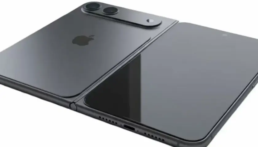Koncepcja składanego iPhone'a z podwójnym aparatem i logo Apple.