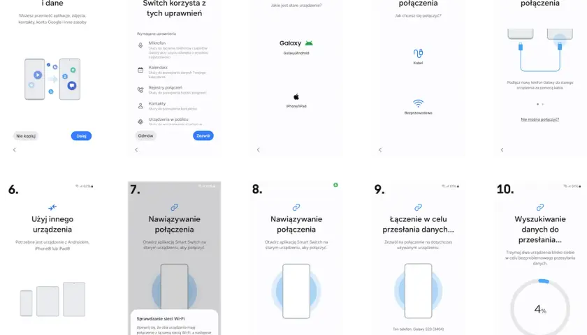 Przenoszenie danych Android za pomocą Smart Switch. Wybierz źródło, nawiąż połączenie kablem lub bezprzewodowo. Następnie wyszukaj dane do przesłania.