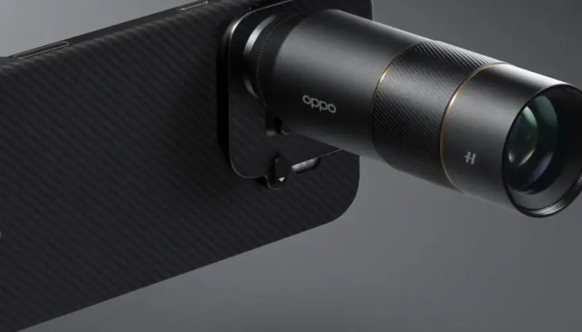 Telefon Oppo z doczepianym obiektywem, który może być odpowiedzią na pytanie, jaki telefon ma najlepszy aparat.