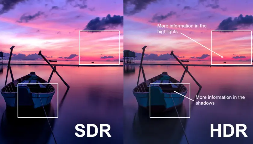 Porównanie SDR i HDR: łódź na tle zachodu słońca. HDR ukazuje więcej detali w jasnych i ciemnych partiach obrazu.