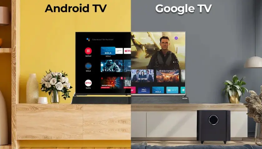 Porównanie interfejsów: po lewej Android TV z aplikacjami, po prawej Google TV z rekomendacjami filmów.