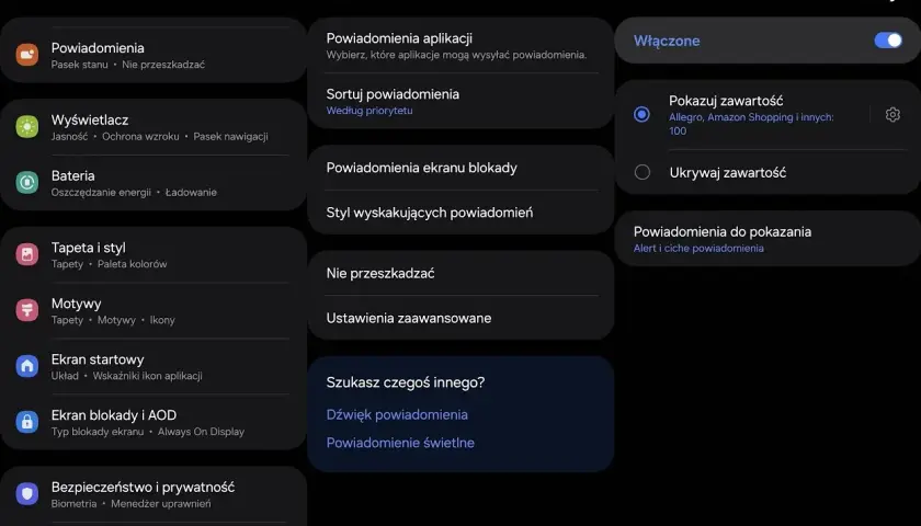 Ustawienia telefonu, sekcja powiadomienia. Widzimy opcje jak wyłączyć powiadomienia, sortowanie, powiadomienia na ekranie blokady.