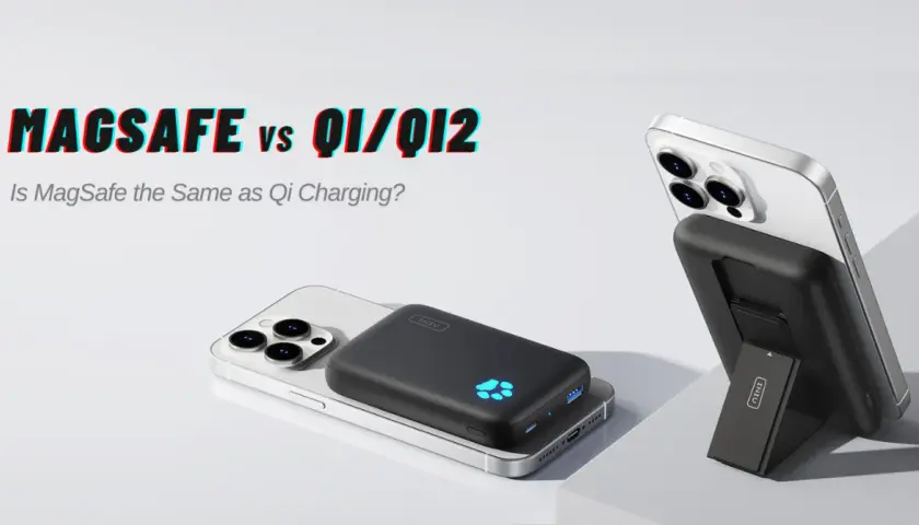 Czy iPhone 13 ma ładowanie indukcyjne? Dwa iPhone'y z akcesoriami do ładowania bezprzewodowego, porównanie MagSafe i Qi.