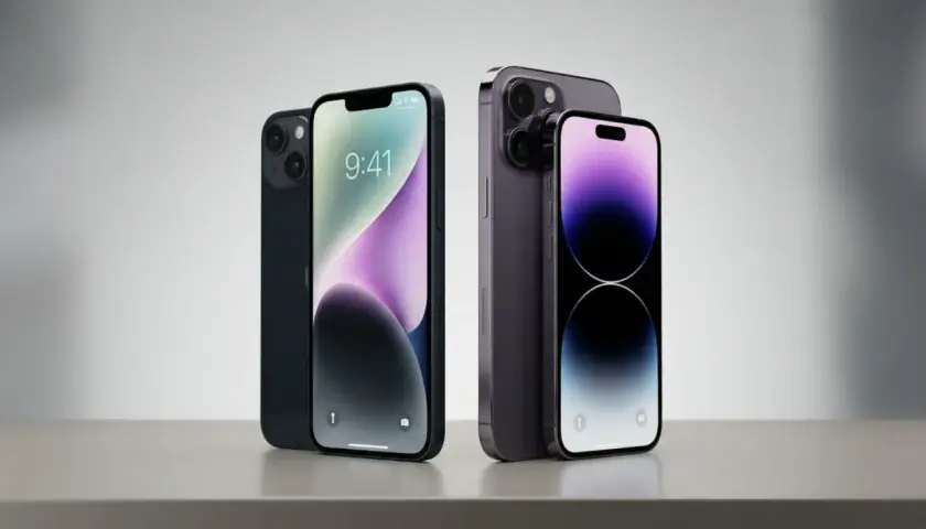 Dwa modele iPhone 14, jeden ciemny, drugi fioletowy, prezentują swoje wymiary i design.