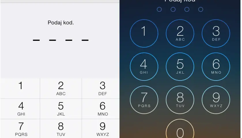 Dwa ekrany blokady iPhone'a: jeden z polami do wpisania kodu, drugi z klawiaturą numeryczną.