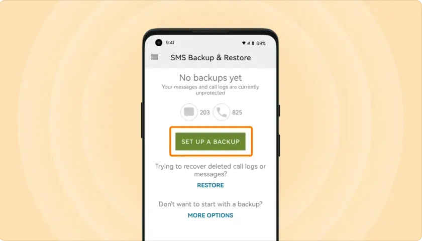 Aplikacja SMS Backup & Restore pokazuje brak kopii zapasowych. Kliknij "SET UP A BACKUP", aby zabezpieczyć swoje dane.