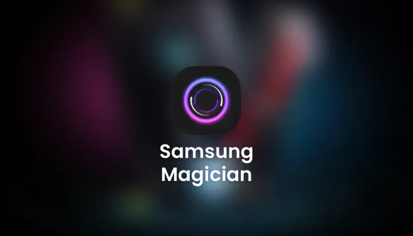 Ikona aplikacji Samsung Magician z neonowym okręgiem i nazwą programu.