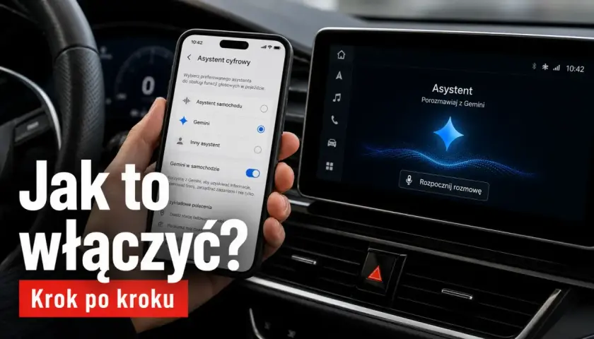 Ręka trzyma telefon z włączonym lusterkiem w telefonie, pokazującym ustawienia asystenta Gemini. Obok ekran samochodu z tym samym asystentem.