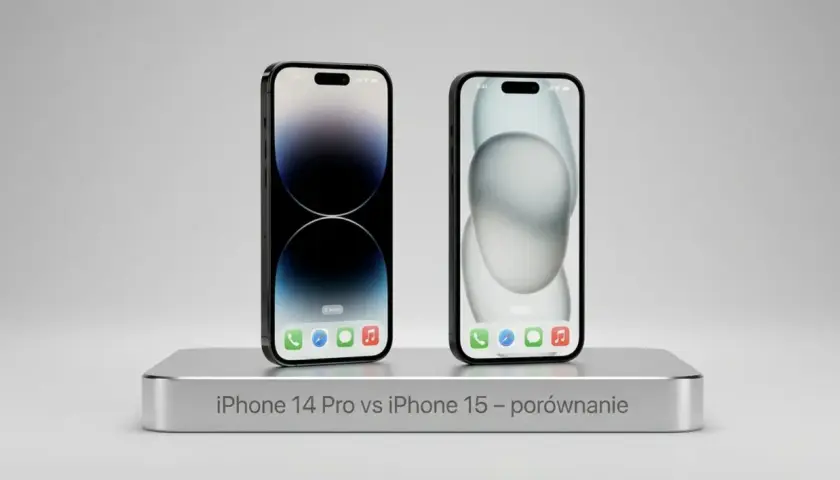 Dwa iPhone'y na srebrnej podstawie: iPhone 14 Pro i iPhone 15. Porównanie modeli.