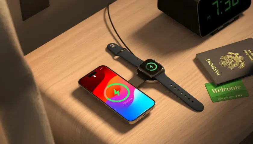 Na stoliku nocnym leży iPhone i Apple Watch ładowane bezprzewodowo. Obok paszport i karta "Welcome". To pokazuje, jak działa magsafe co to za technologia.