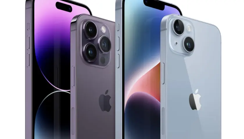 Trzy iPhone'y 14 Pro w różnych kolorach. Zastanawiasz się nad wymianą baterii iPhone 14 Pro?