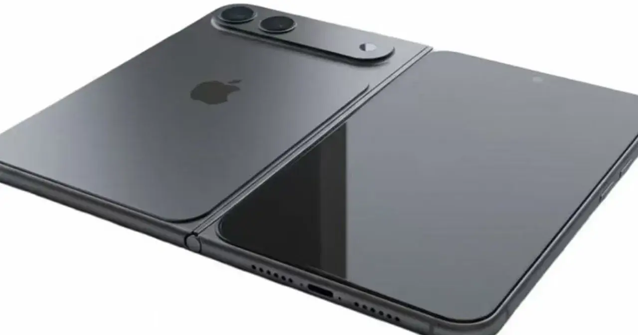 Koncepcja składanego iPhone'a z podwójnym aparatem i logo Apple.