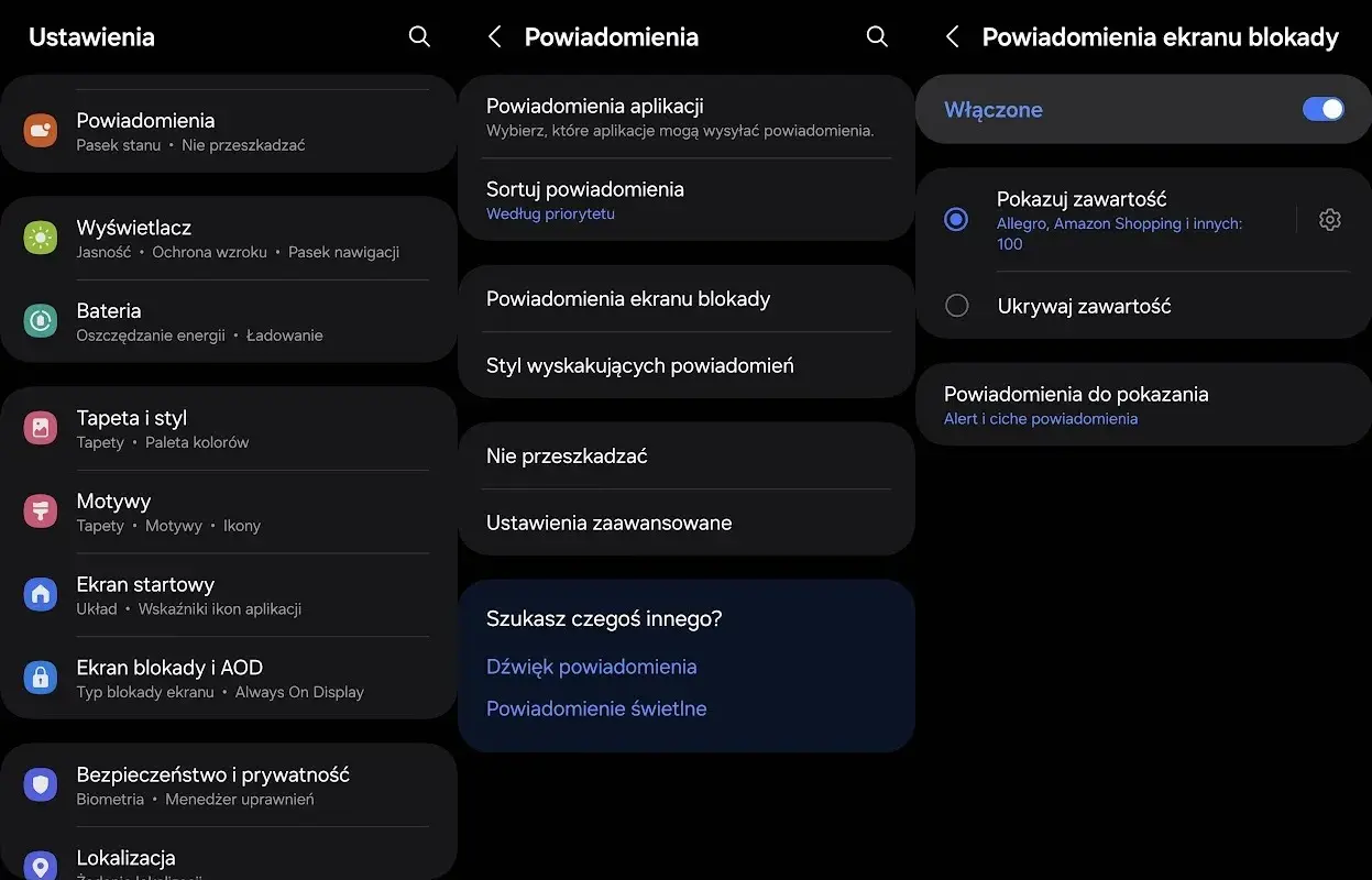 Ustawienia telefonu, sekcja powiadomienia. Widzimy opcje jak wyłączyć powiadomienia, sortowanie, powiadomienia na ekranie blokady.