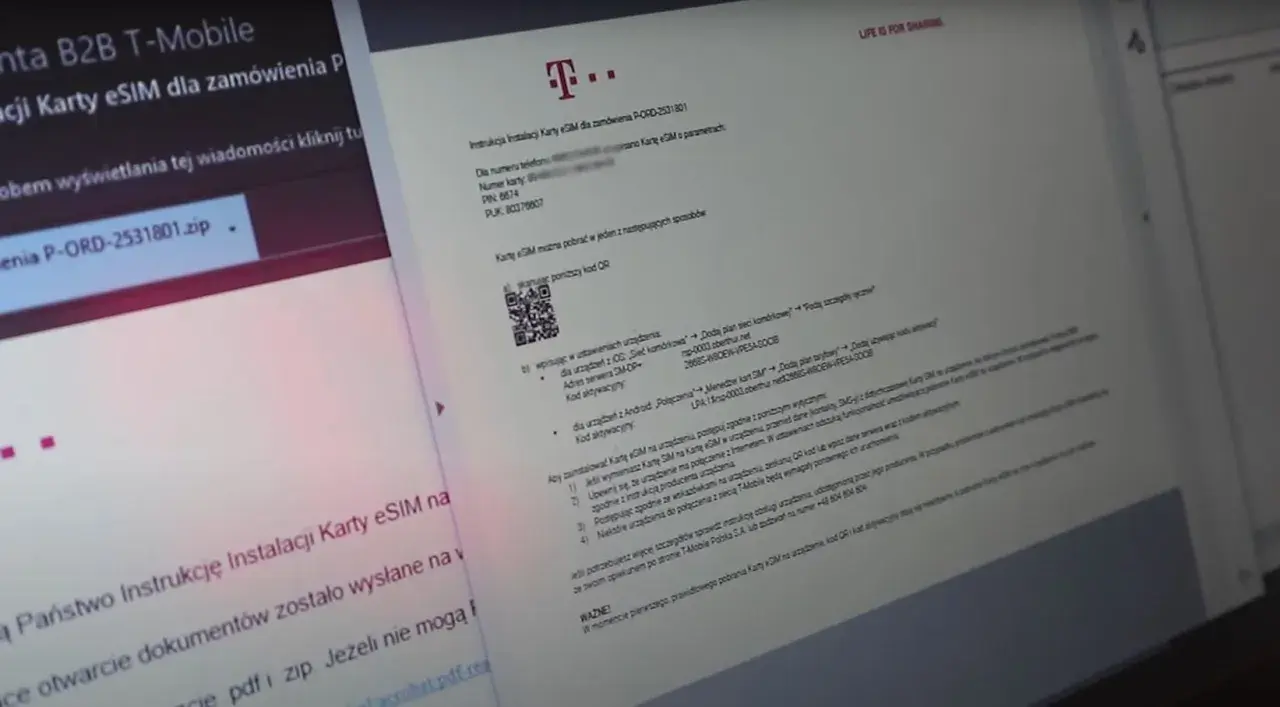 Instrukcja instalacji Karty eSIM T-Mobile. Skanuj kod QR lub wpisz dane serwera, by aktywować kartę.