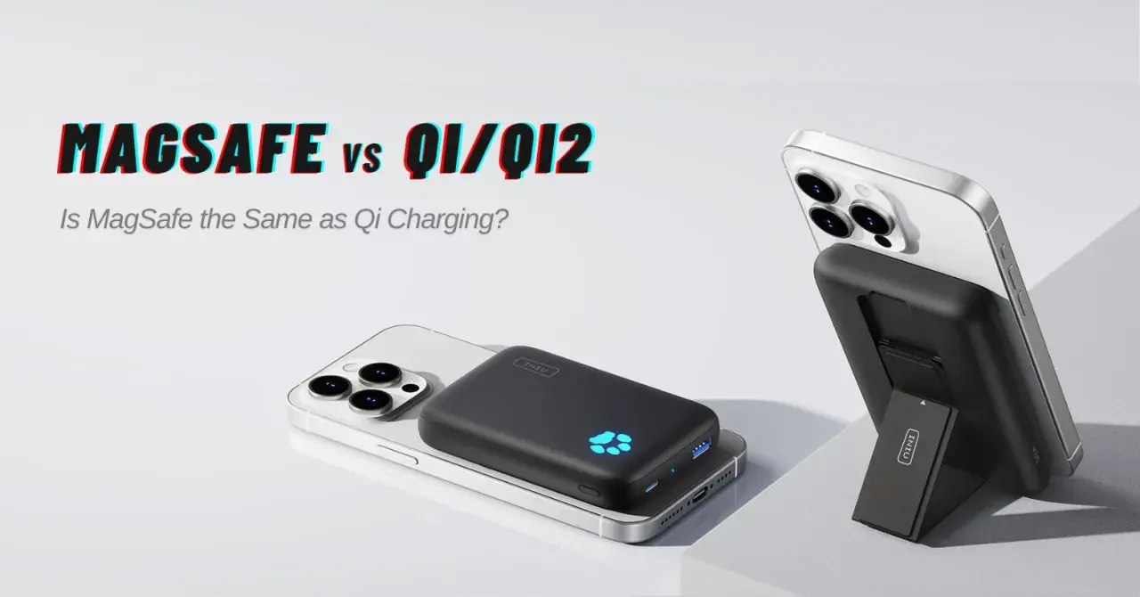 Czy iPhone 13 ma ładowanie indukcyjne? Dwa iPhone'y z akcesoriami do ładowania bezprzewodowego, porównanie MagSafe i Qi.