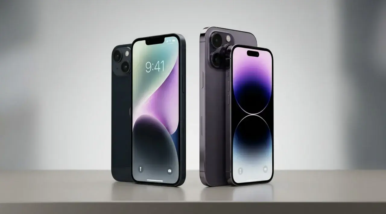 Dwa modele iPhone 14, jeden ciemny, drugi fioletowy, prezentują swoje wymiary i design.