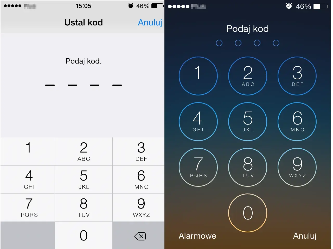 Dwa ekrany blokady iPhone'a: jeden z polami do wpisania kodu, drugi z klawiaturą numeryczną.