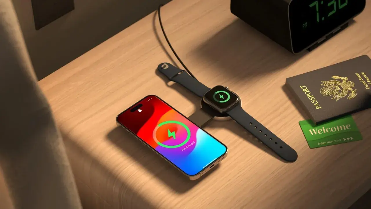Na stoliku nocnym leży iPhone i Apple Watch ładowane bezprzewodowo. Obok paszport i karta "Welcome". To pokazuje, jak działa magsafe co to za technologia.
