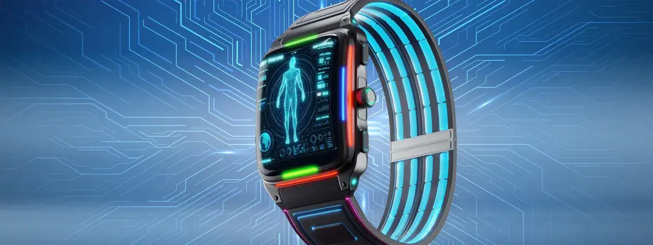 Futurystyczny smartwatch z ekranem HUD wyświetlającym dane o ciele i parametrach życiowych. Pasek z niebieskimi podświetlanymi elementami. To najlepszy smartwatch dla miłośników technologii.