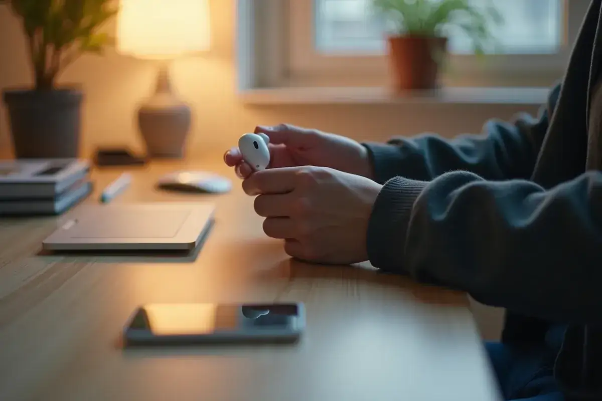 Dłonie trzymają białą słuchawkę AirPods, przygotowując się do resetu. Na biurku leży telefon i laptop.
