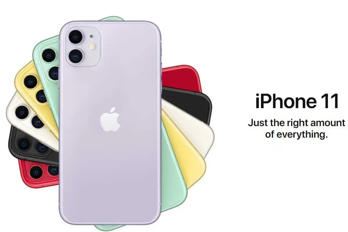 iPhone 11 premiera. Kolorowe smartfony ułożone w wachlarz, z fioletowym modelem na pierwszym planie.
