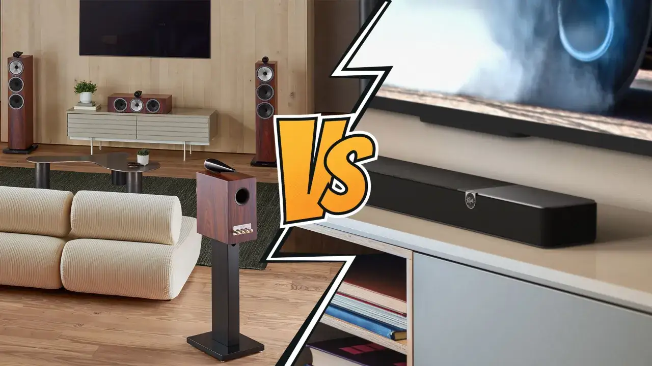 Porównanie systemów audio: eleganckie głośniki podłogowe i soundbar, oba oferują wrażenia dźwiękowe jak w kinie z Dolby Digital.