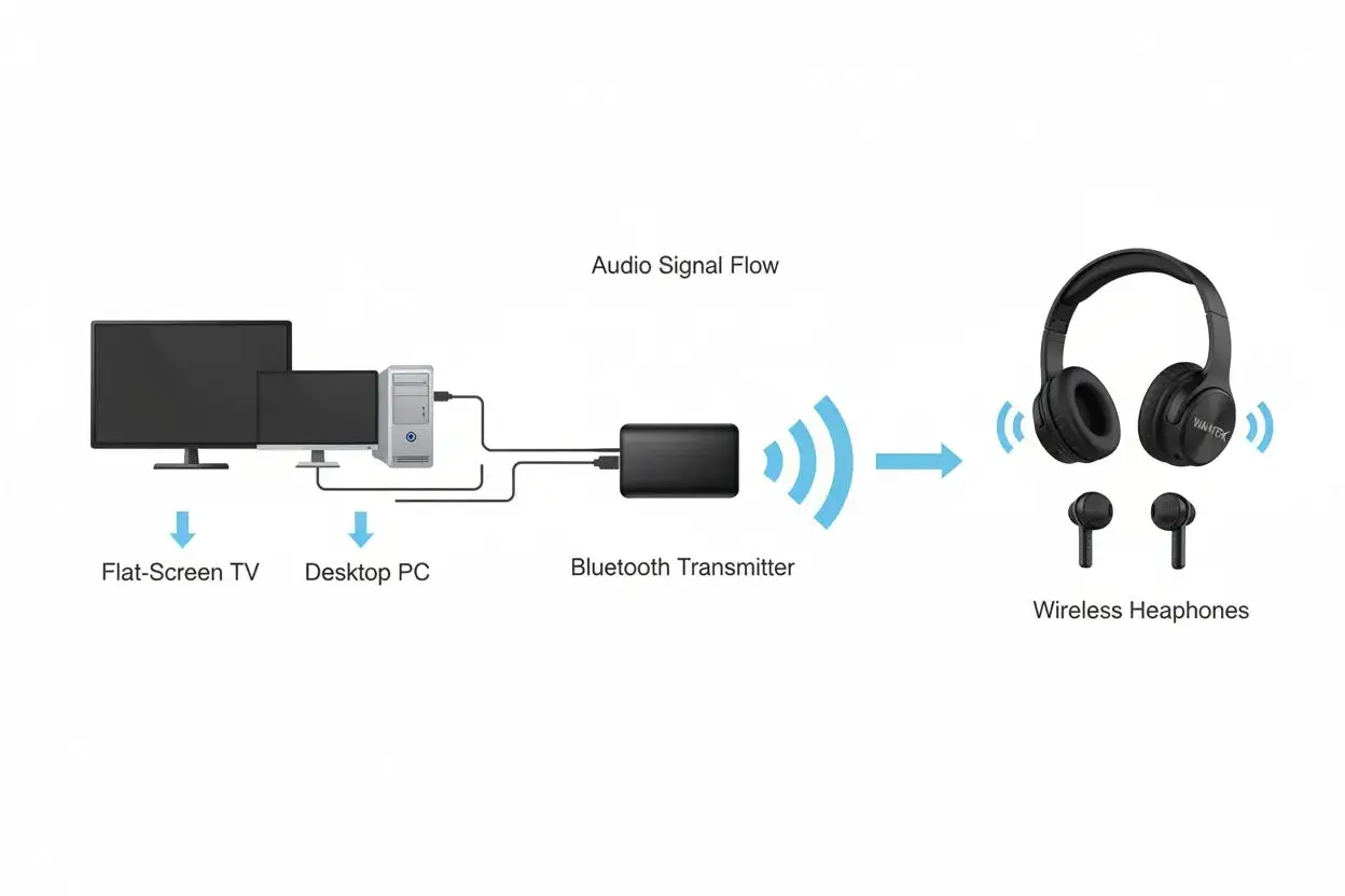 Schemat pokazuje, jak sparować słuchawki z komputerem lub telewizorem za pomocą nadajnika Bluetooth.